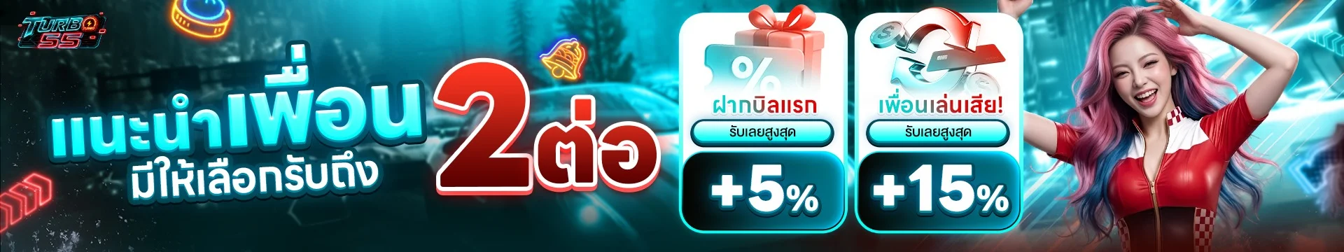 หน้าโปรโมชั่นสมาชิกใหม่ TURBO55 รับโบนัสฝากครั้งแรก 100%